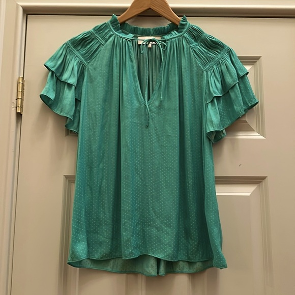 Caballero Collection Kelsie Ruffle Blouse Top Green Dot SzSmall - Picture 1 of 6